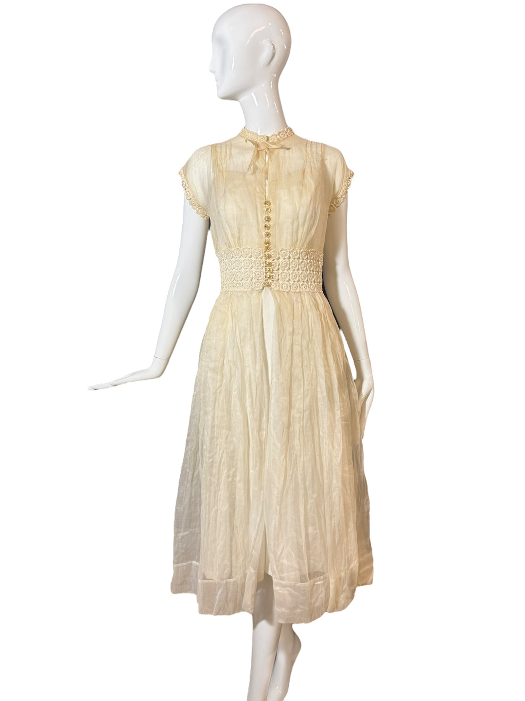 Vintage 1940s Sheer Ivory Organza Dress with Crochet Waist and Lucite Buttons, wedding dress, UNNAMED, RERACKED