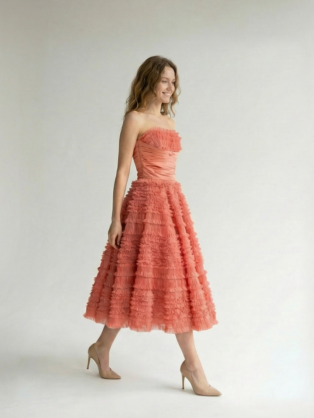 1950s Strapless Pink Ruffled Tulle Party Dress