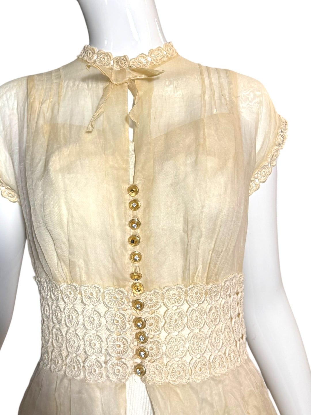 Vintage 1940s Sheer Ivory Organza Dress with Crochet Waist and Lucite Buttons, wedding dress, UNNAMED, RERACKED