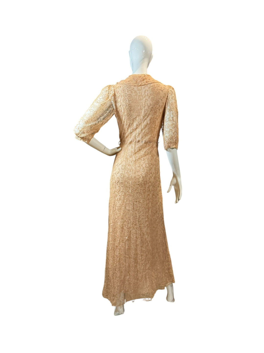 Ivory Lace Gown with Blue Buttons 1940s Xs | Vintage with Puff Sleeves Ivory Lace Gown with Blue Buttons 1940s Xs | Vintage with Puff Sleeves