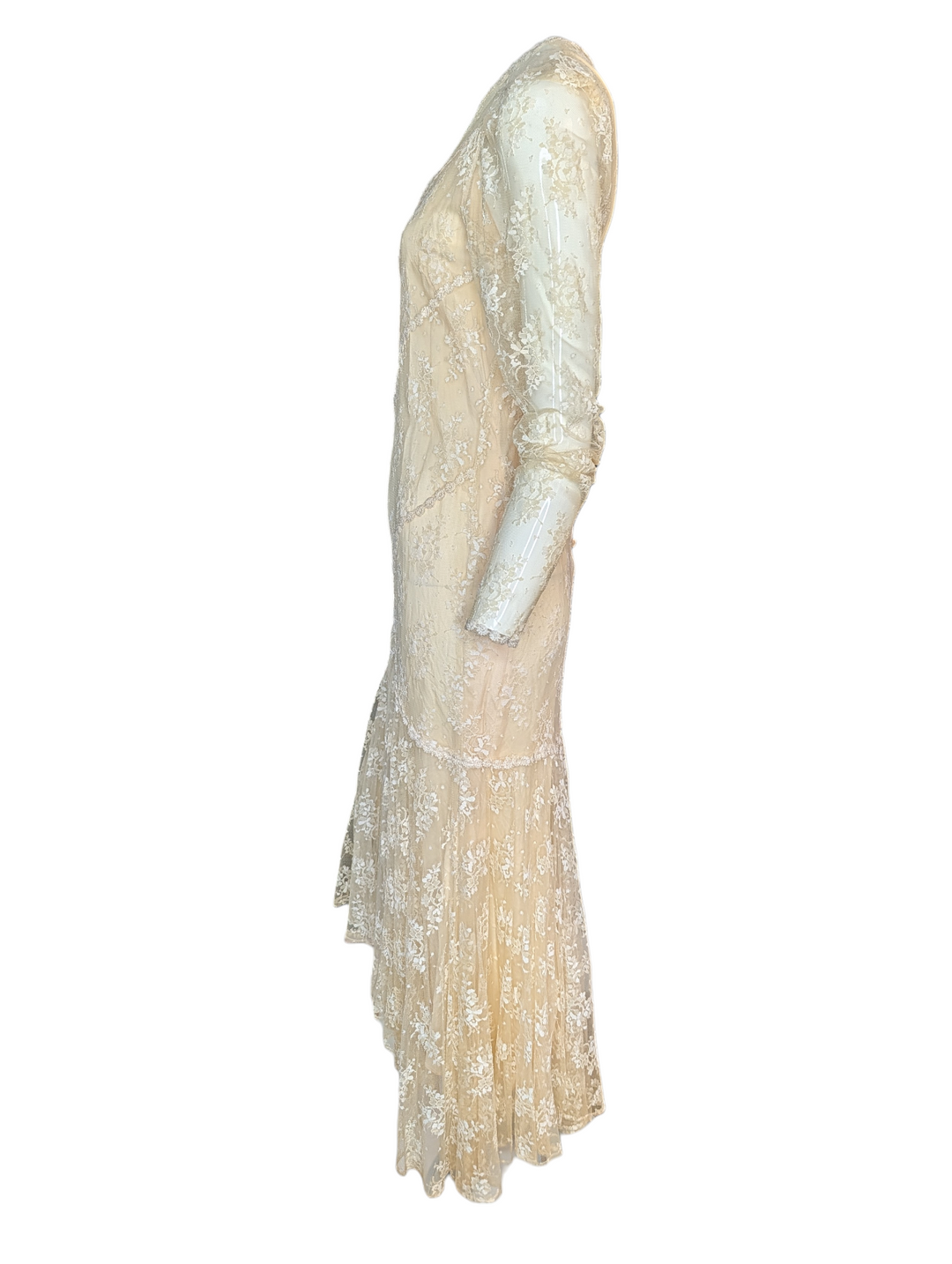 1970s Lace Drop Waist Long Sleeve Wedding Gown with Slip