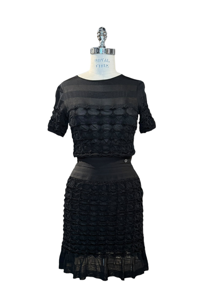 Chanel LBD stretch mini dress black ruffles