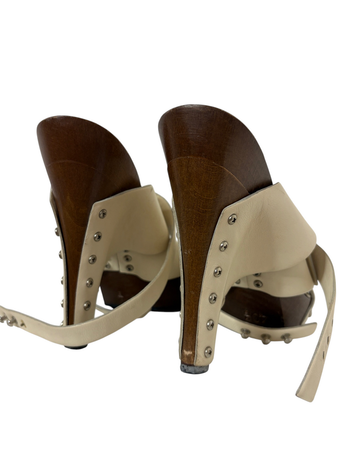 Chanel Cream Leather & Wood Studded Clog Mule, 40.5