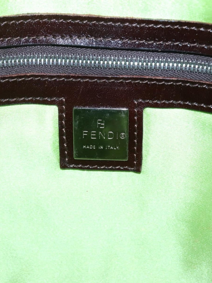 1990s Fendi Daisy Appliqué Denim Tote with Leather Handles - Interior view showing green fabric lining and zip pocket.