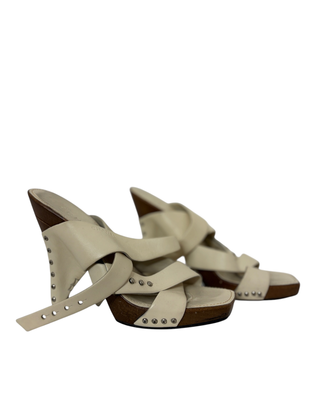 Chanel Cream Leather & Wood Studded Clog Mule, 40.5