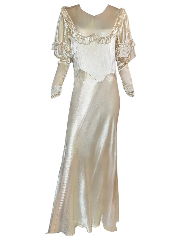 1930s Bias-Cut Ivory Satin Wedding Gown with Puff Sleeves and Ruffled Yoke