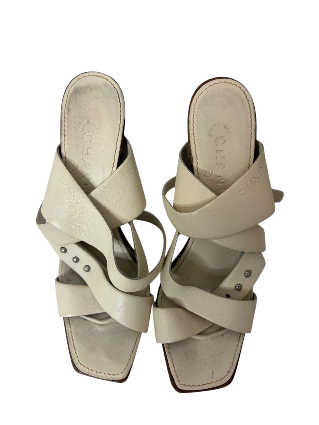 Chanel Cream Leather & Wood Studded Clog Mule, 40.5
