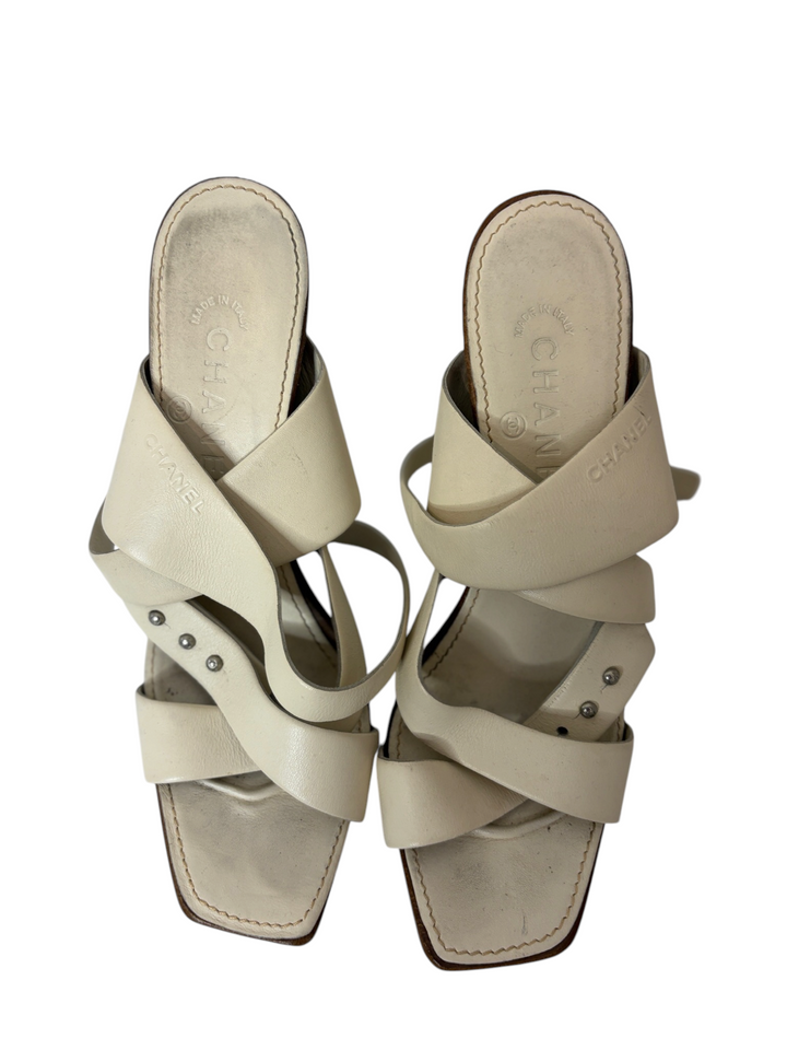 Chanel Cream Leather & Wood Studded Clog Mule, 40.5