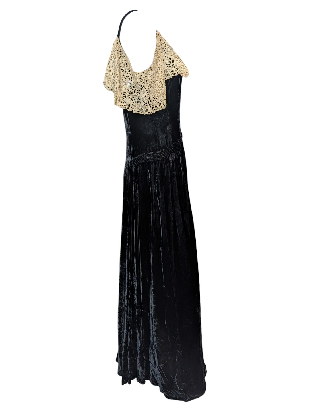 1940s Black Velvet Evening Gown with Ecru Lace and Rhinestones
