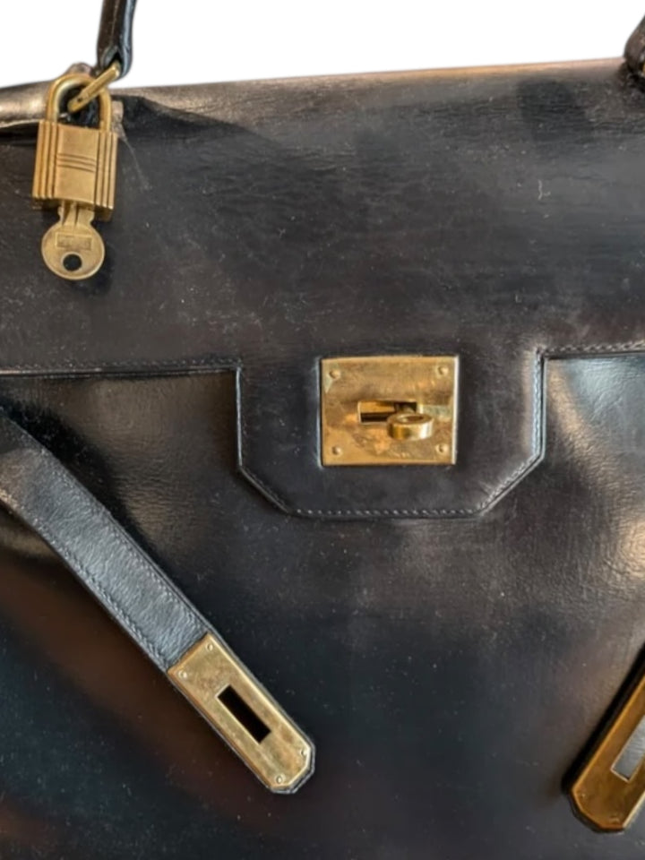1960s Hermès Kelly 28 in Black Box Leather with Gold Tone Hardware
