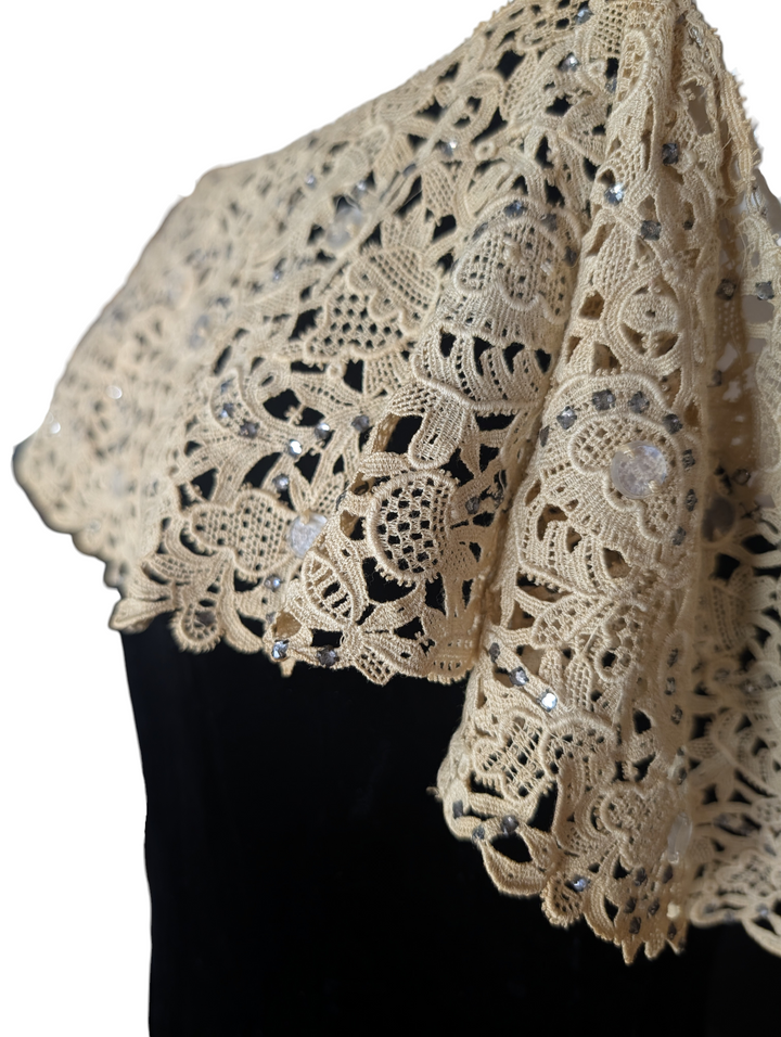 1940s Black Velvet Evening Gown with Ecru Lace and Rhinestones