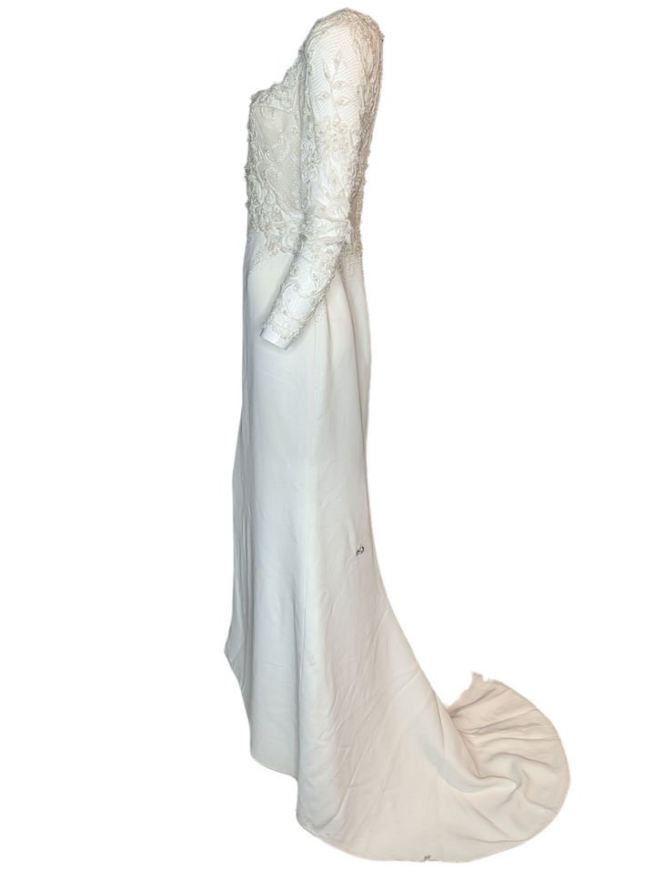Badgley Mischka 1990s Beaded Lace Wedding Gown with Train