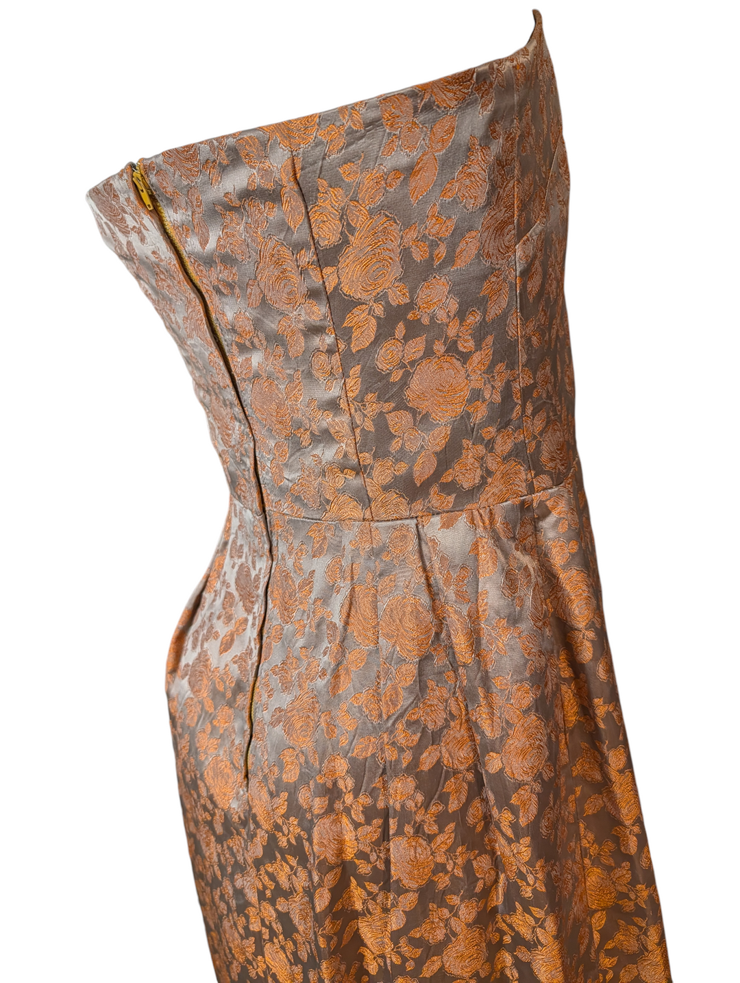 1960s Silver and Copper Silk Jacquard Strapless Gown