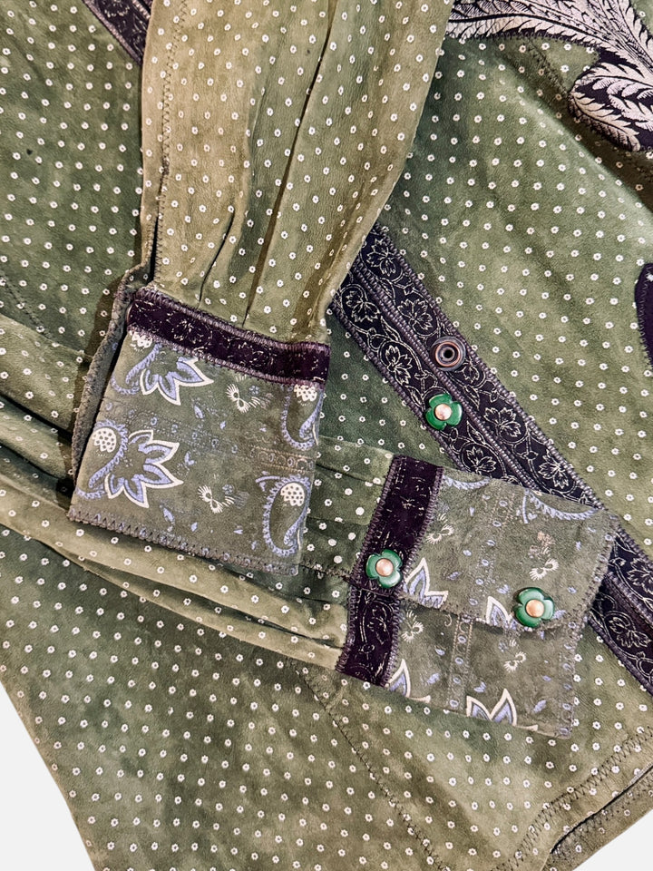 1970s Roberto Cavalli for Crissa Olive Green Printed Suede Shirt Jacket and Trouser Set