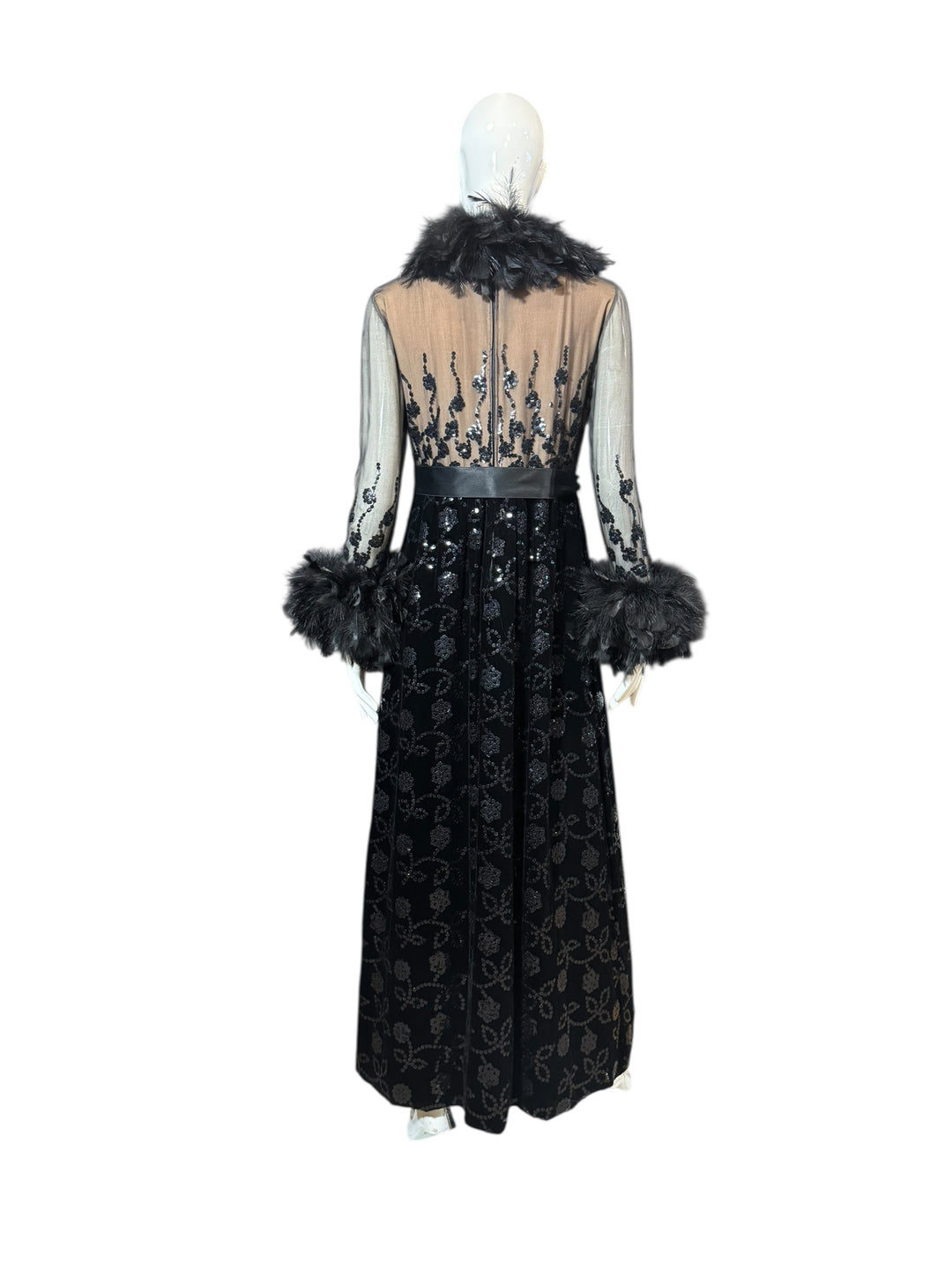 1970 Oscar de la Renta Black Velvet Gown with Sequin Embroidery & Ostrich Feather Trim (Vogue + Museum Featured), Apparel, Oscar de la Renta, RERACKED