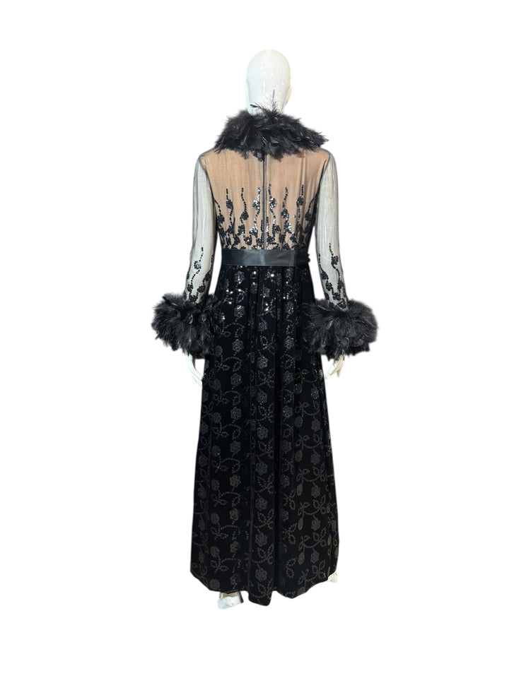 1970 Oscar de la Renta Black Velvet Gown with Sequin Embroidery & Ostrich Feather Trim (Vogue + Museum Featured), Apparel, Oscar de la Renta, RERACKED