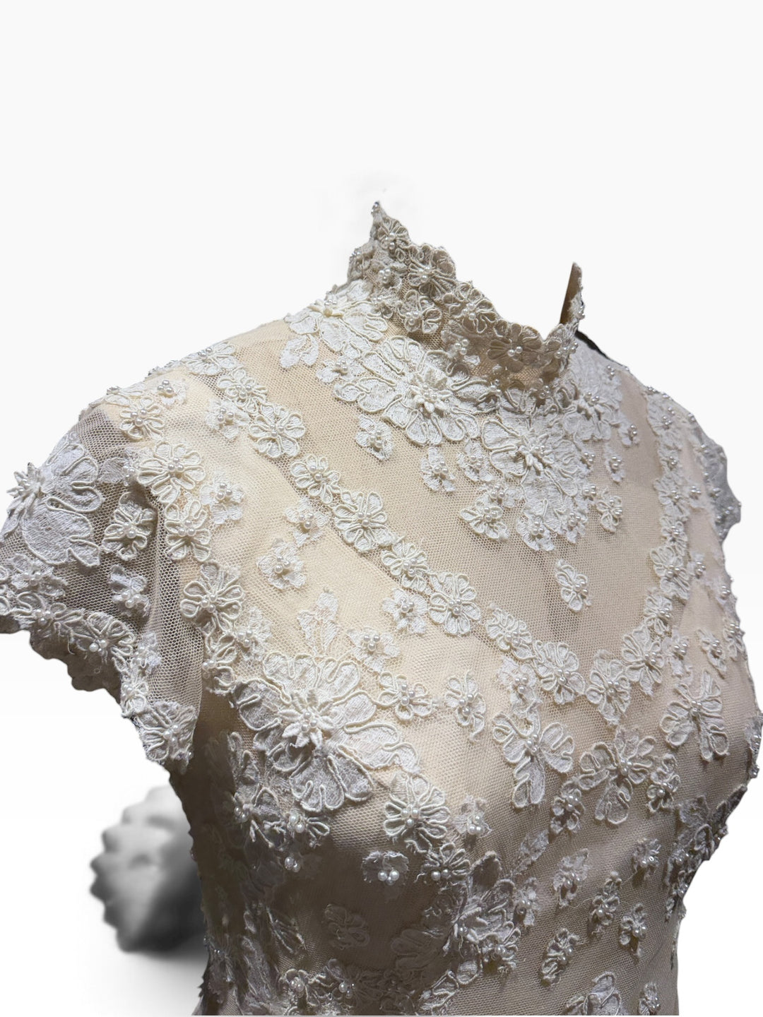 1976 Bergdorf Goodman Lace Wedding Gown & Juliet Cap Veil