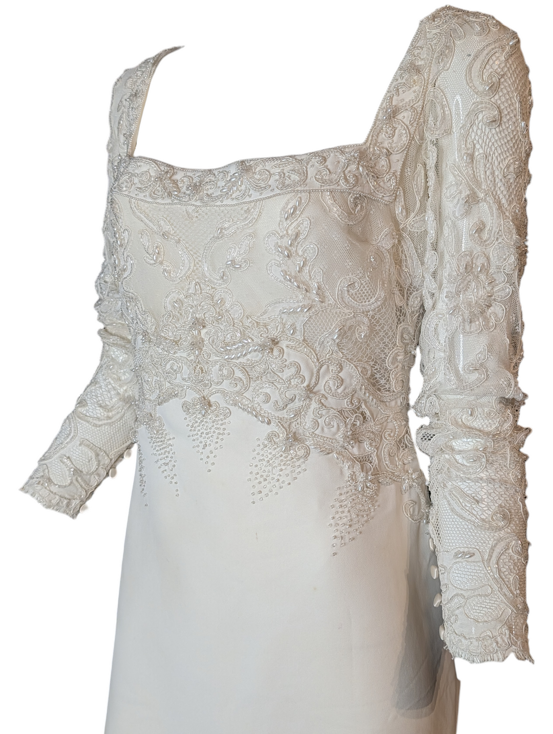 Badgley Mischka 1990s Beaded Lace Wedding Gown with Train