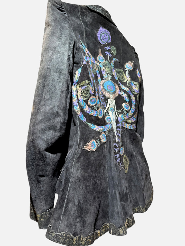 1970s Roberto Cavalli Black Printed Suede Peacock Figure Painted Peplum Jacket