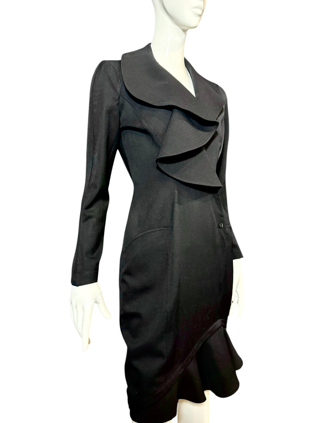 Thierry Mugler 1989 Runway Ruffle Collar Black Wrap Suit Dress, Apparel & Accessories, Thierry Mugler, RERACKED