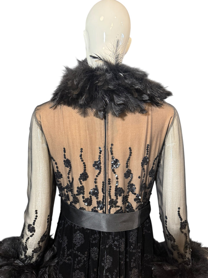 1970 Oscar de la Renta Black Velvet Gown with Sequin Embroidery & Ostrich Feather Trim (Vogue + Museum Featured), Apparel, Oscar de la Renta, RERACKED