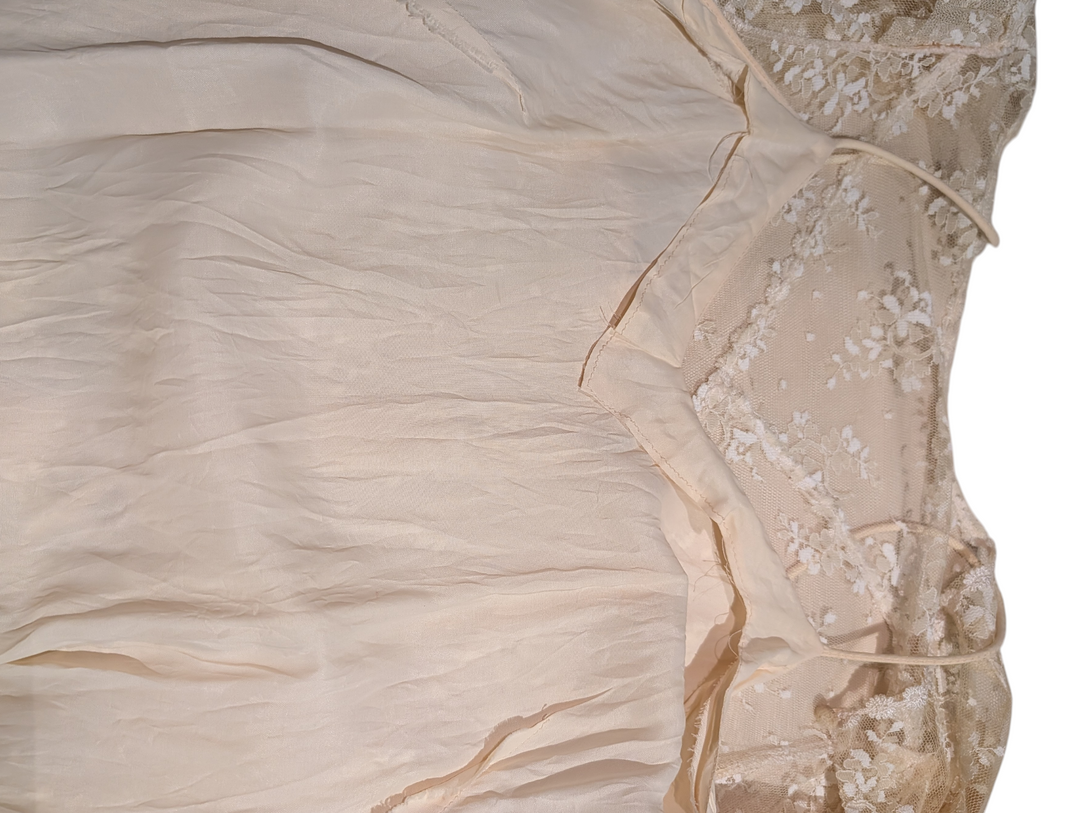 1970s Lace Drop Waist Long Sleeve Wedding Gown with Slip