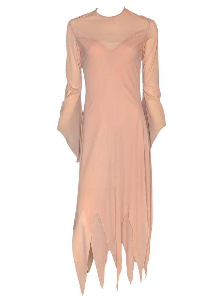 1970s Ingrid Cado Peach Rayon Jersey Evening Gown with Hankerchief Hem