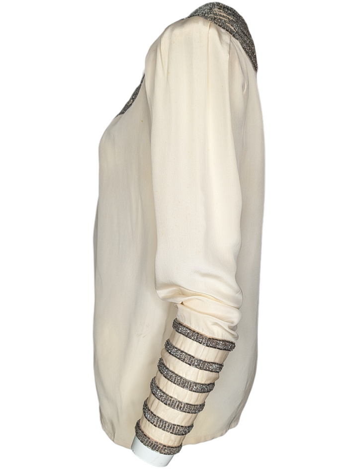 1930s Art Deco Illusion Mesh Yoke Blouse with Silver Glass Beadwork