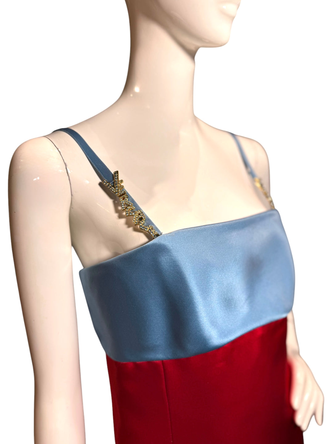 Versace F/W 1996 Red & Blue Colorblock Satin Mini Dress with Crystal Logo Straps, Apparel, Versace, RERACKED