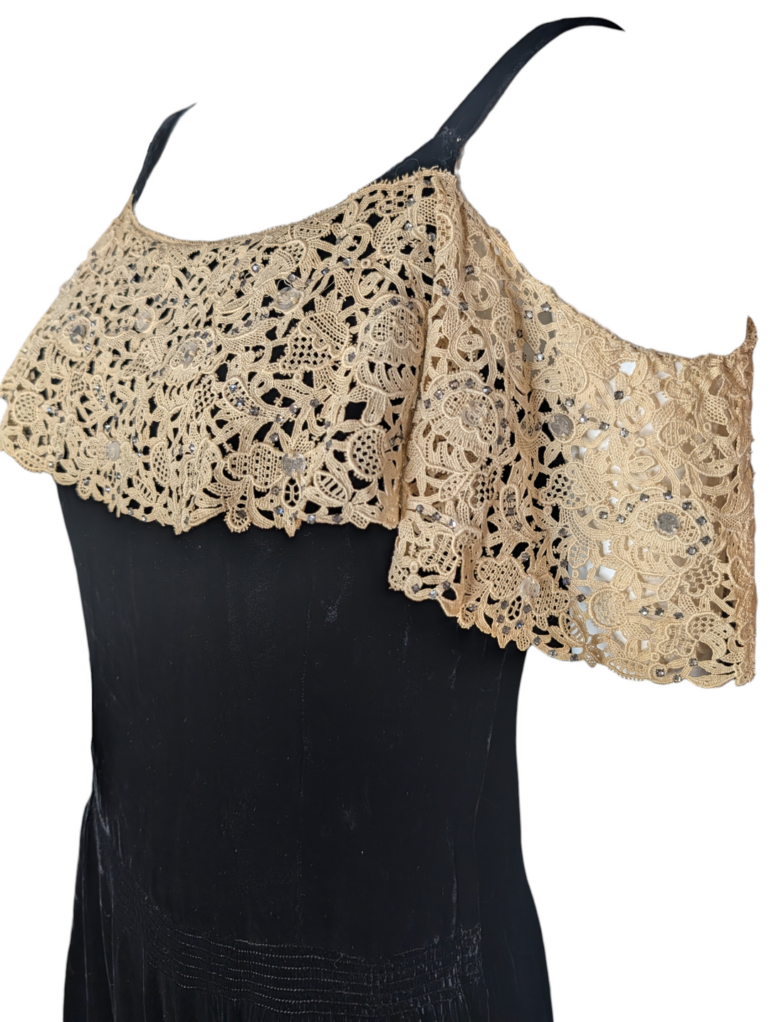 1940s Black Velvet Evening Gown with Ecru Lace and Rhinestones