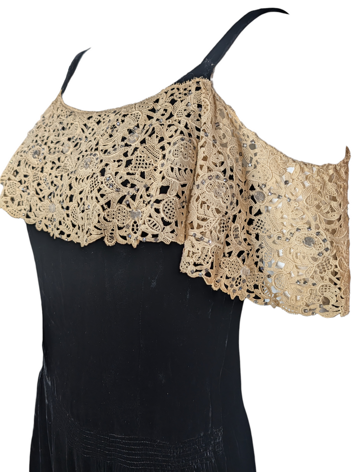 1940s Black Velvet Evening Gown with Ecru Lace and Rhinestones