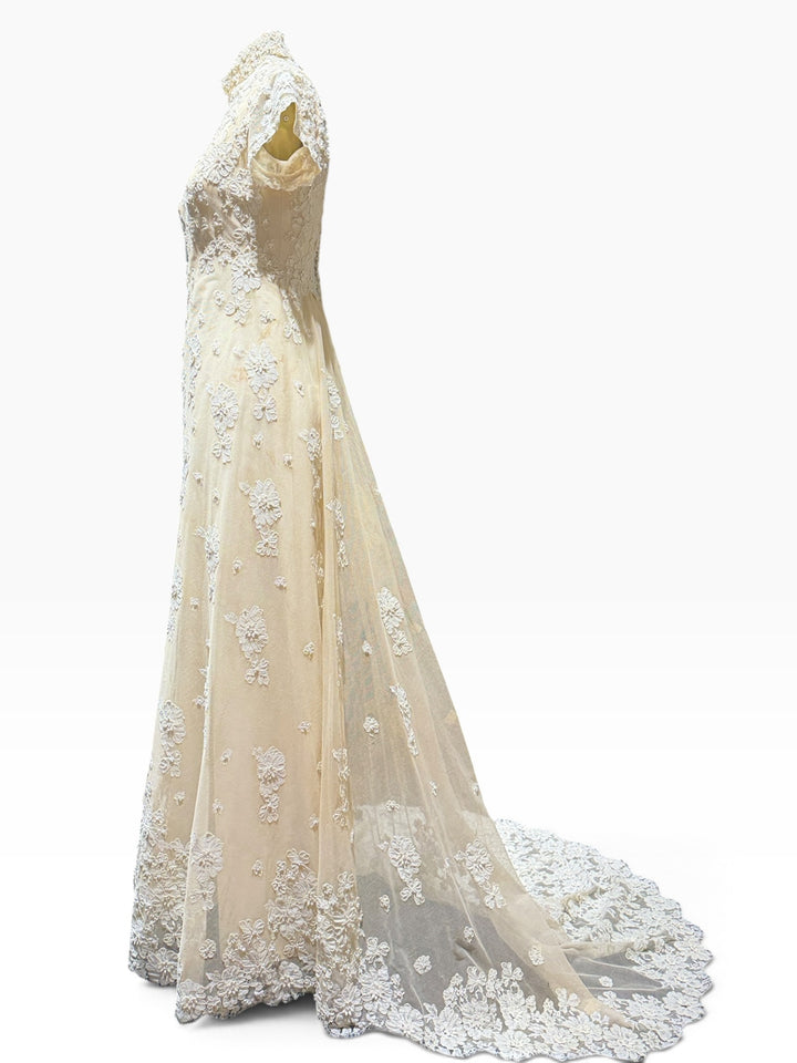 1976 Bergdorf Goodman Lace Wedding Gown & Juliet Cap Veil