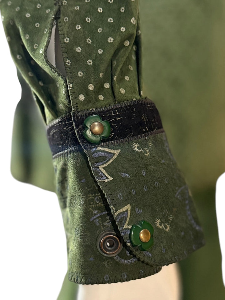 1970s Roberto Cavalli for Crissa Olive Green Printed Suede Shirt Jacket and Trouser Set