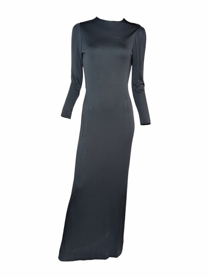1970s Black Slinky Rayon Open Back Disco Gown
