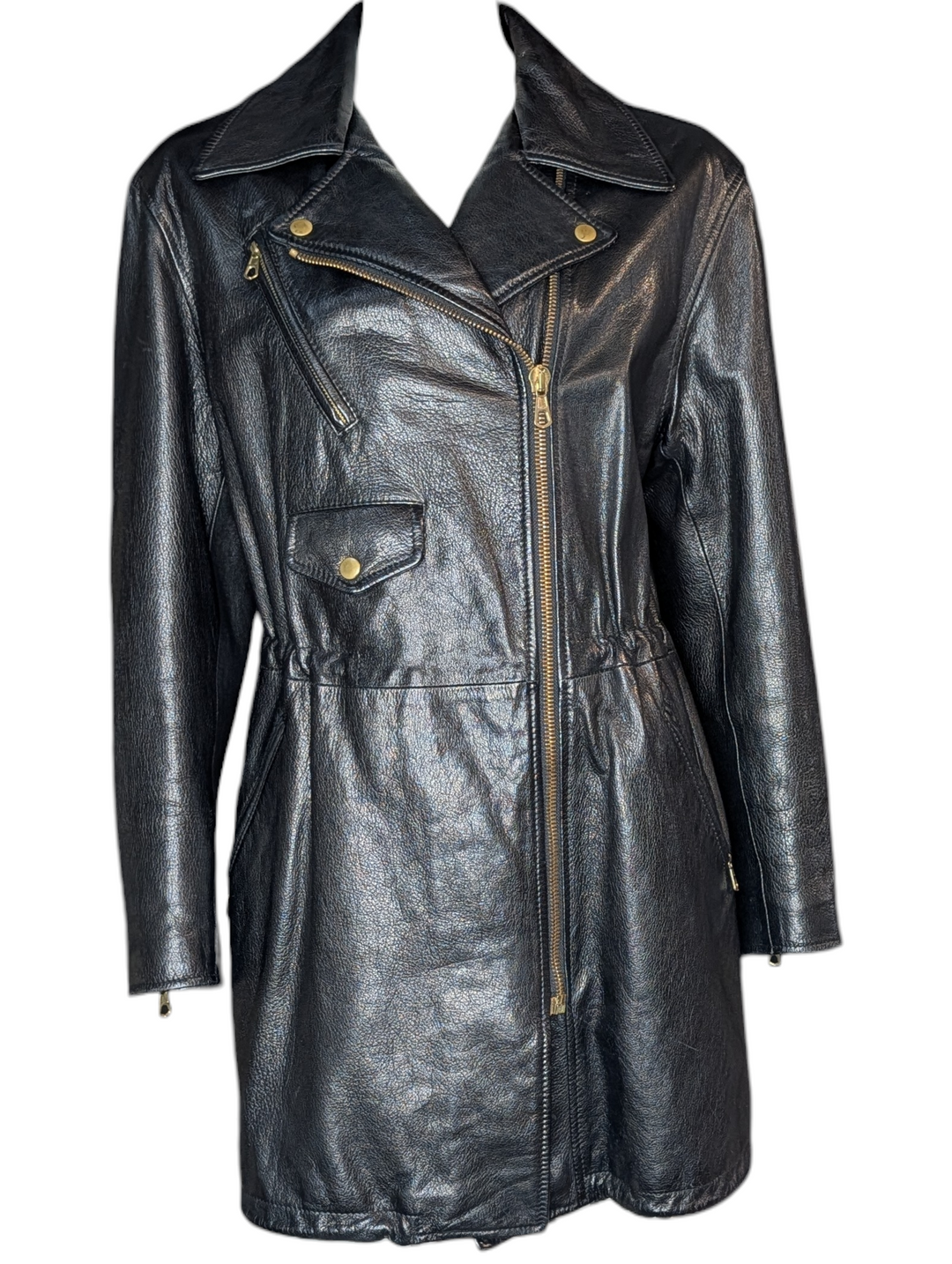 Vintage Moschino black leather jacket with asymmetrical zip front and gold-tone hardware