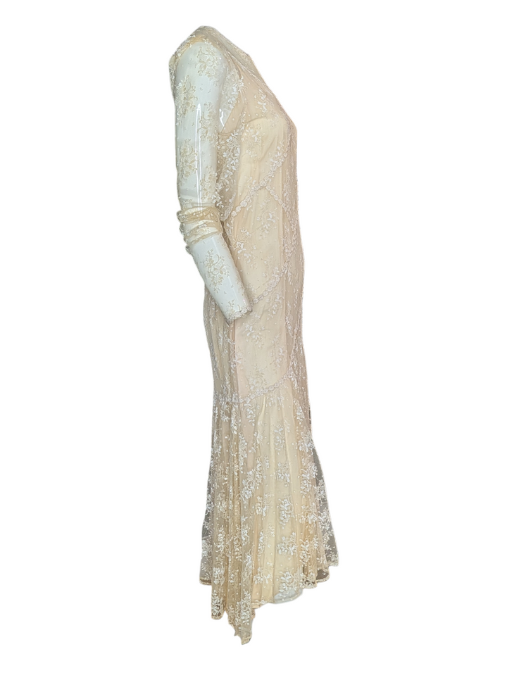 1970s Lace Drop Waist Long Sleeve Wedding Gown with Slip
