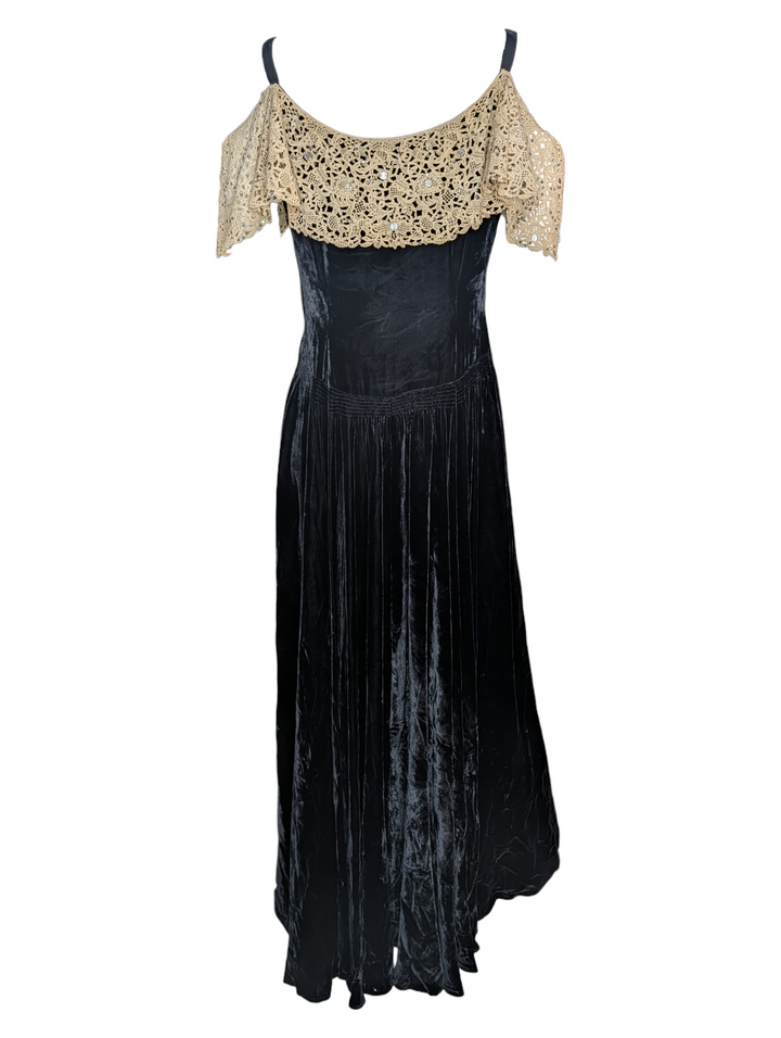 1940s Black Velvet Evening Gown with Ecru Lace and Rhinestones