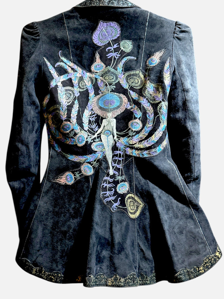 1970s Roberto Cavalli Black Printed Suede Peacock Figure Painted Peplum Jacket