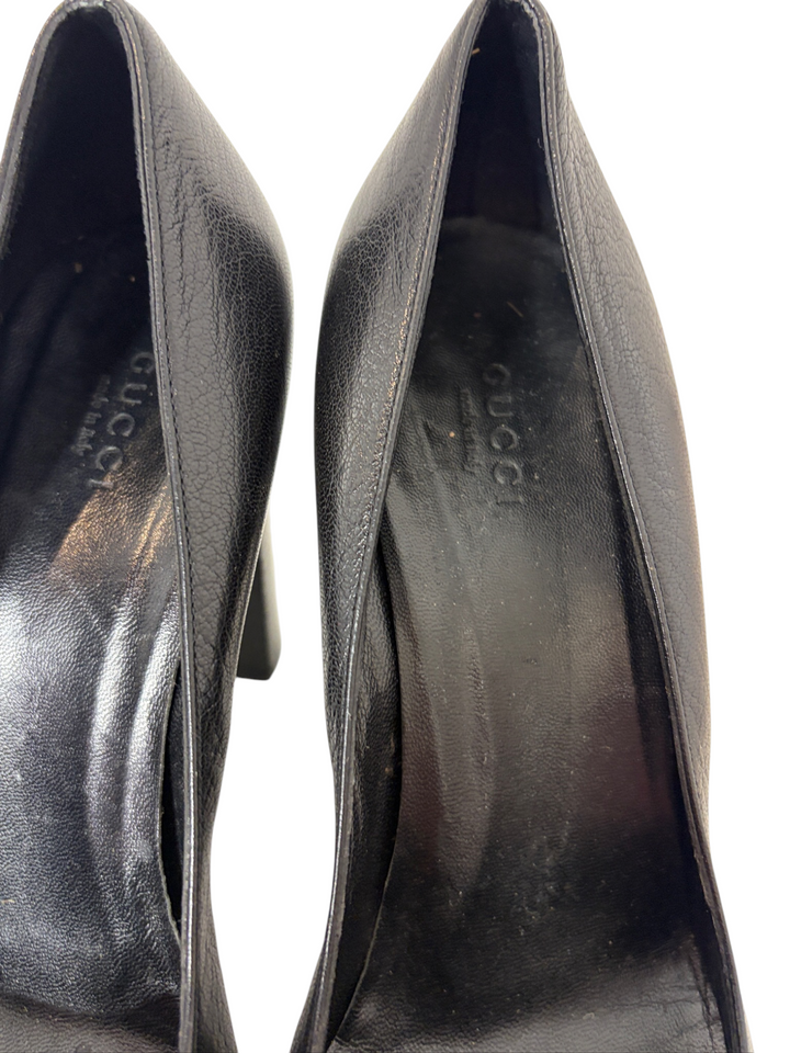 Gucci Black Leather Web Stripe GG Buckle Block-Heel Pump, 9B