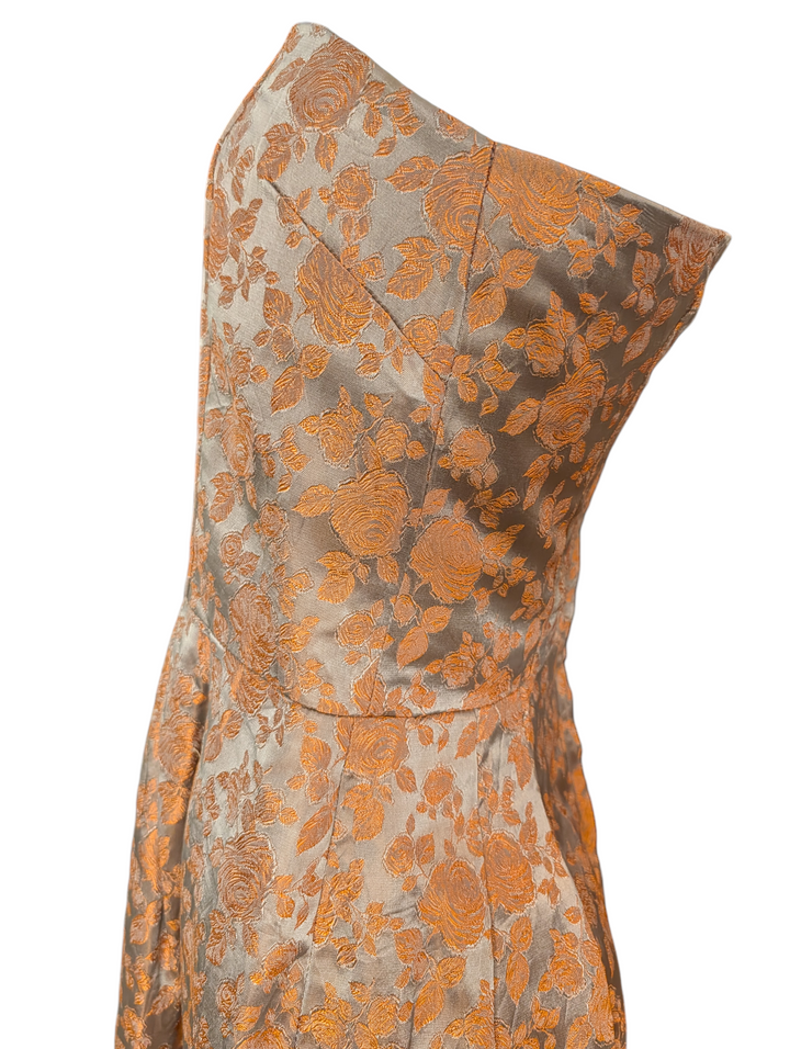 1960s Silver and Copper Silk Jacquard Strapless Gown