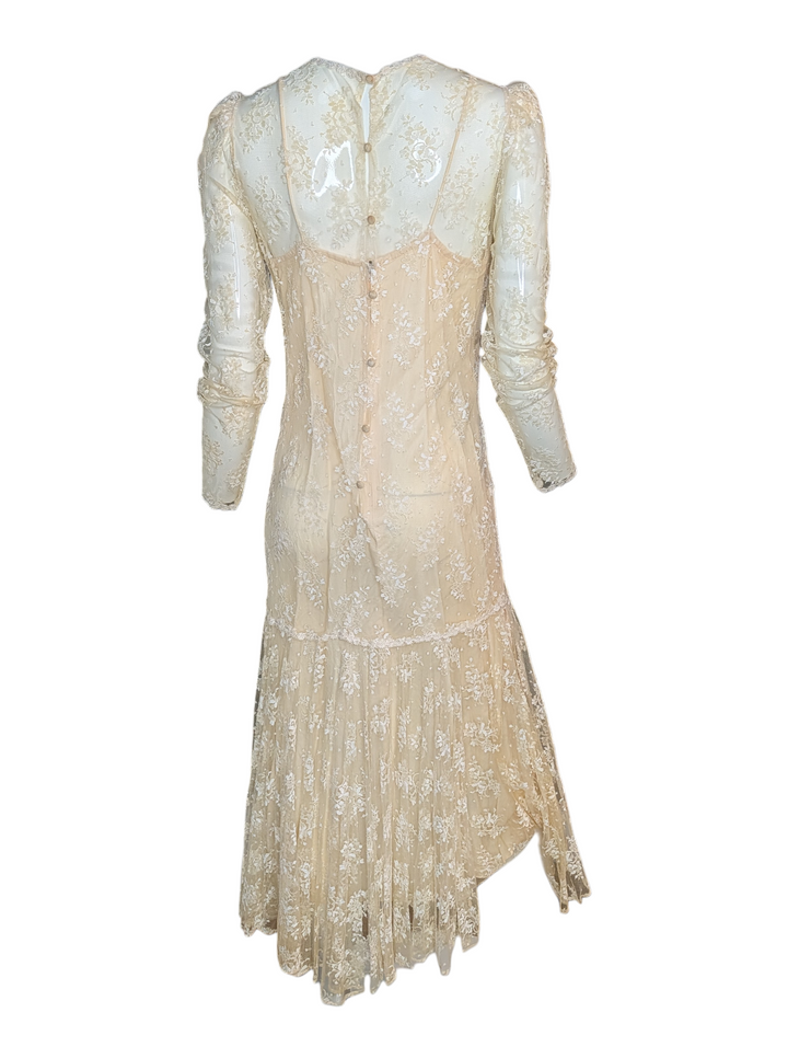 1970s Lace Drop Waist Long Sleeve Wedding Gown with Slip