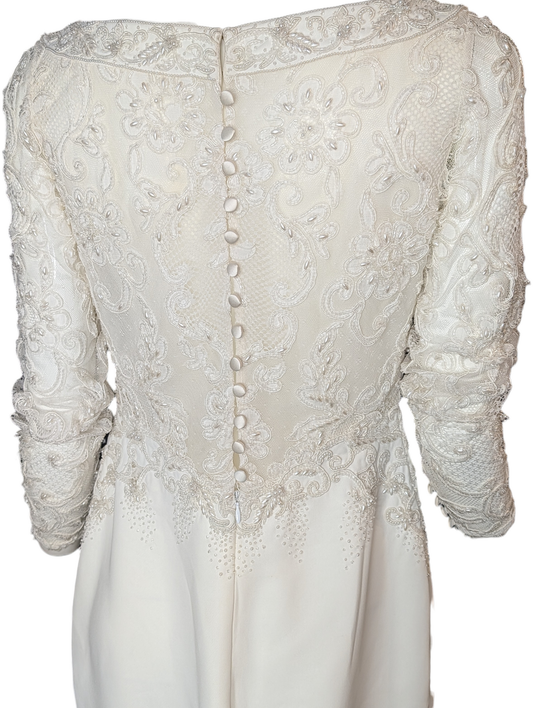 Badgley Mischka 1990s Beaded Lace Wedding Gown with Train