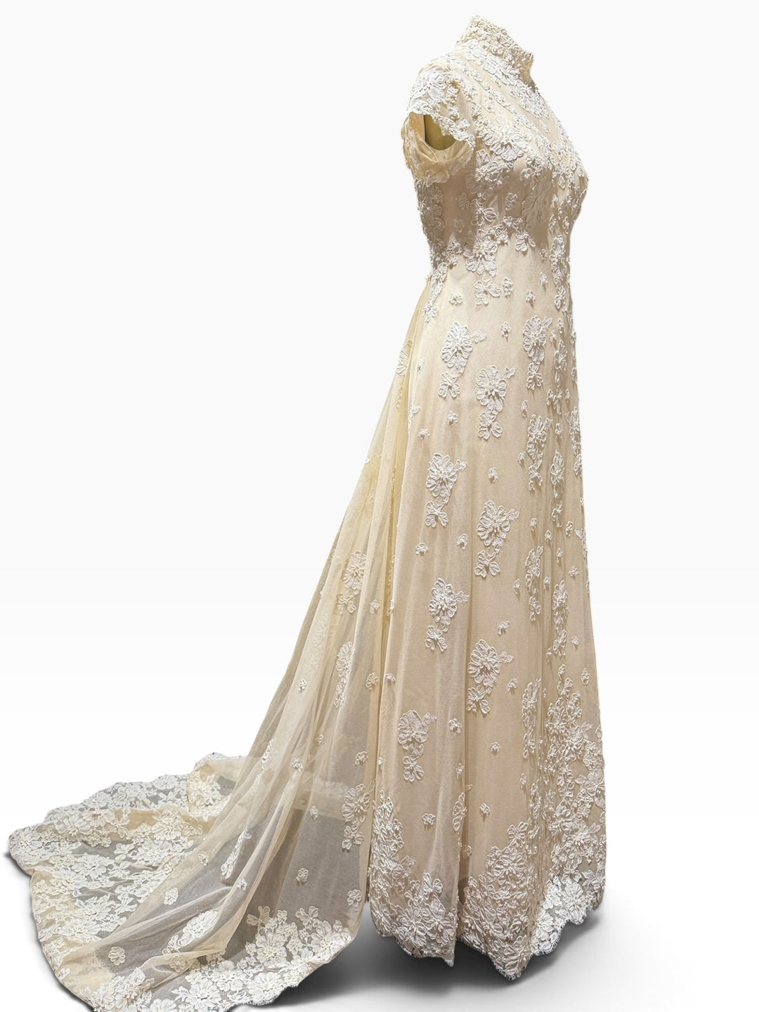 1976 Bergdorf Goodman Lace Wedding Gown & Juliet Cap Veil