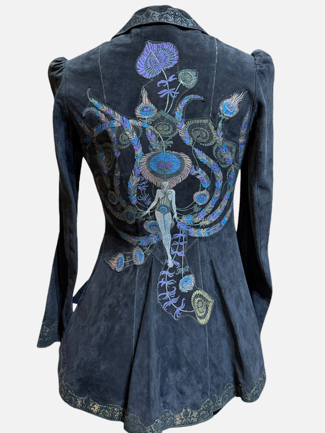 1970s Roberto Cavalli Black Printed Suede Peacock Figure Painted Peplum Jacket