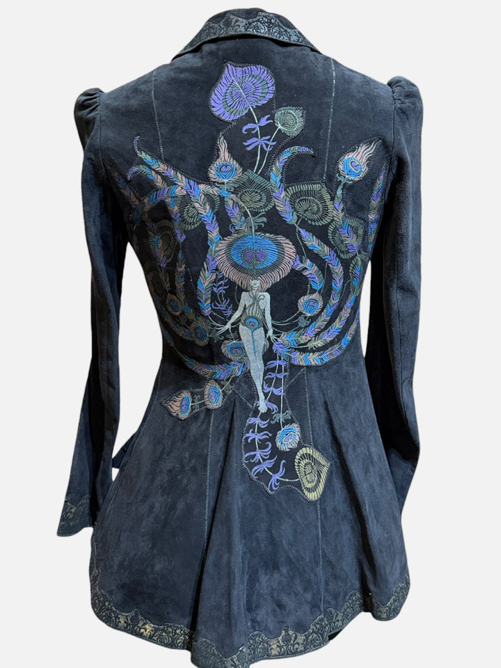1970s Roberto Cavalli Black Printed Suede Peacock Figure Painted Peplum Jacket