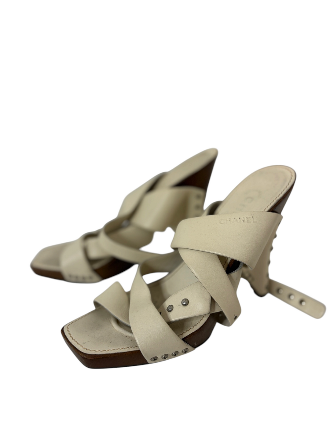 Chanel Cream Leather & Wood Studded Clog Mule, 40.5