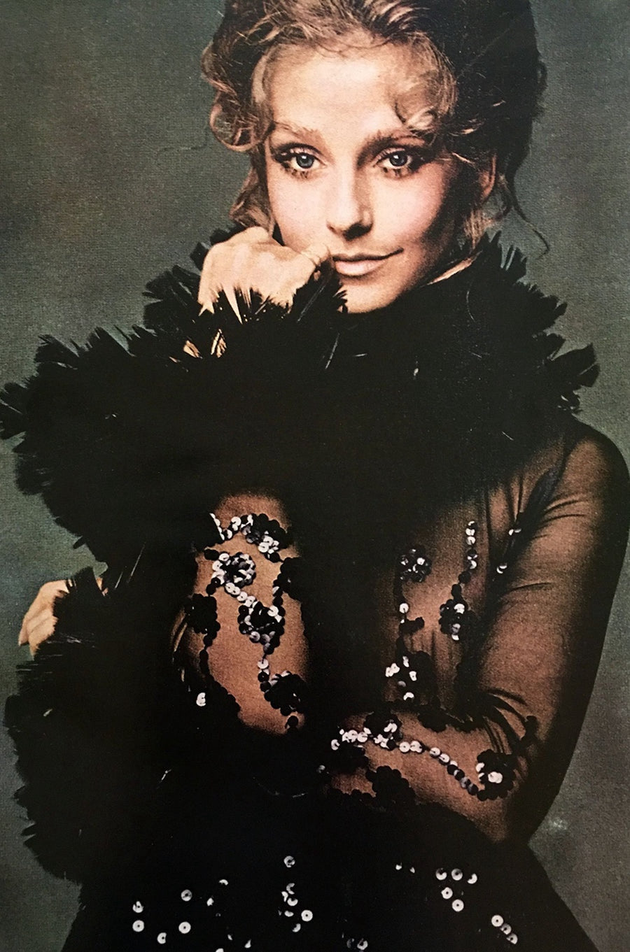 1970 Oscar de la Renta Black Velvet Gown with Sequin Embroidery & Ostrich Feather Trim (Vogue + Museum Featured), Apparel, Oscar de la Renta, RERACKED