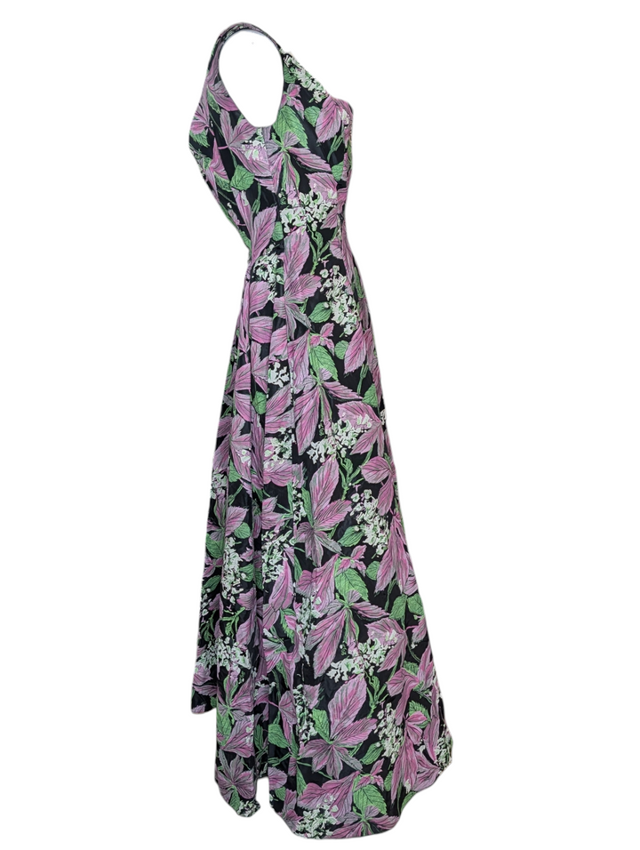 Nina Ricci Black Silk Hand Painted Floral Evening Gown with Deep V Back