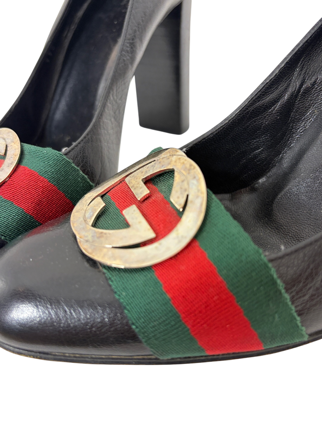 Gucci Black Leather Web Stripe GG Buckle Block-Heel Pump, 9B