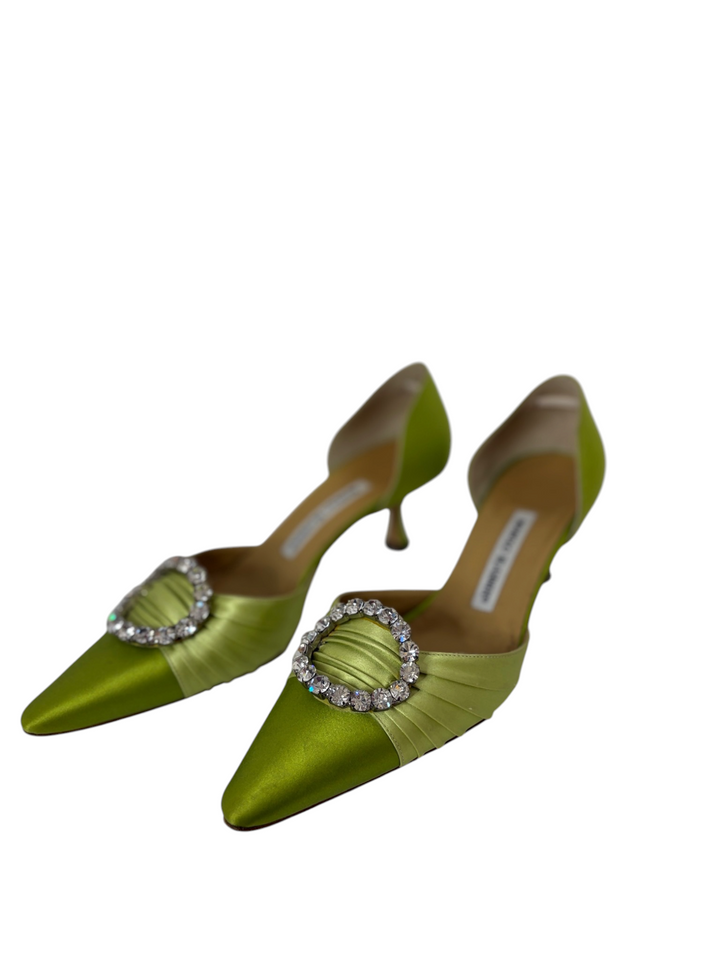 Manolo Blahnik Chartreuse Satin Crystal-Buckle d'Orsay Pump, 8